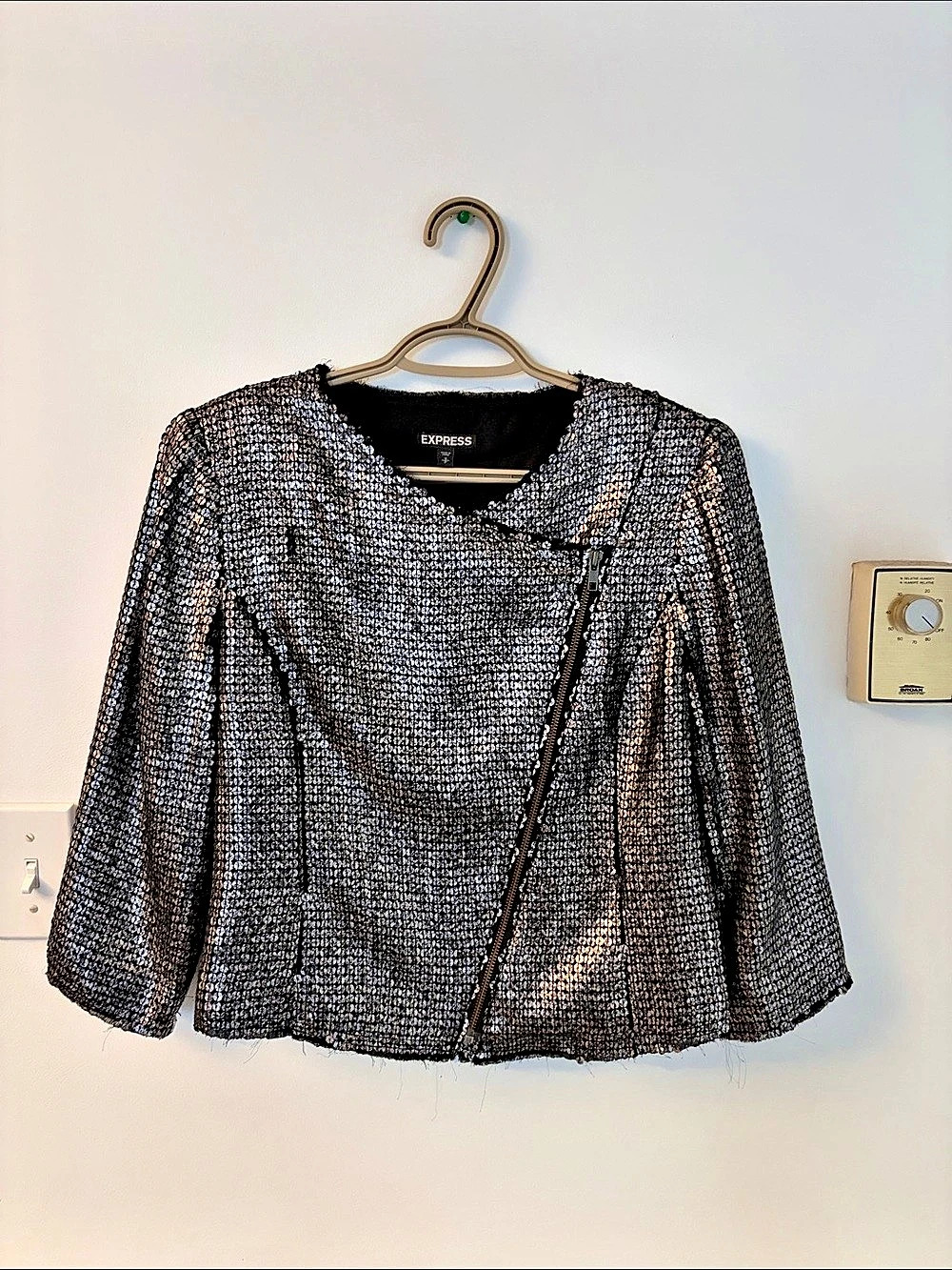 Express Sequin Moto Jacket Black & Silver Size Small